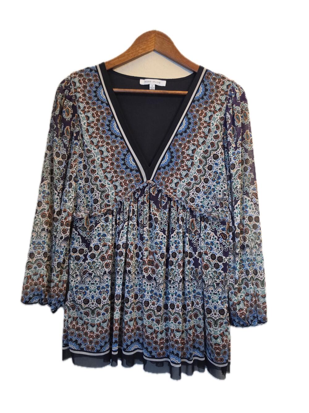 ROSE+OLIVE Blouse Womens M Multicolor Paisley Tunic V-Neck Long Sleeve Lined
